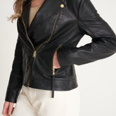 Women’s Gold Trim Leather Biker Jacket – Samie - Torque Leather